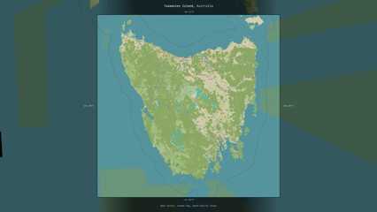 Tasmanien Island, Australia, highlighted and labelled. Topo Humanitarian © zelwanka