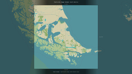Tierra del Fuego Island, Chile, Argentina, highlighted and labelled. Topo Humanitarian © zelwanka