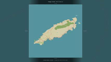 Tobago Island, Trinidad and Tobago, highlighted and labelled. Topo Humanitarian © zelwanka