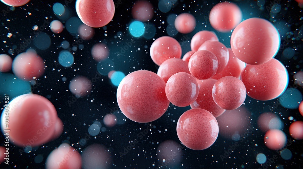 Poster abstract pink spheres floating in space with blue bokeh background