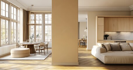  Beige home living room interior with rest and dining zone, window. Mockup wall 