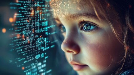 Little girl with digital code data overlay, cyberspace and information technology of the future. Ai education and cybersecurity