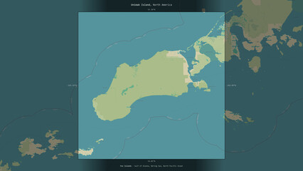 Unimak Island, United States, highlighted and labelled. Topo Humanitarian © zelwanka