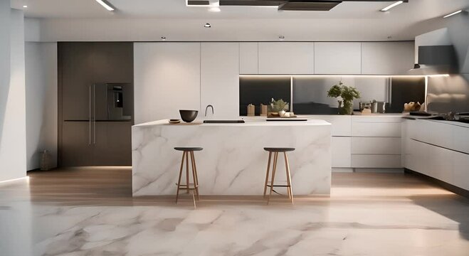 modern kitchen interior, beautiful kitchen island and kitchen design from luxury materials, stone, wood, mdf