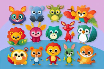 Naklejka premium Vibrant Cartoon Icons for Kids Showcasing Whimsical Animals and Lively Characters