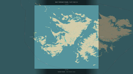 West Falkland Island, Falkland Islands, highlighted and labelled. Topo Humanitarian © zelwanka