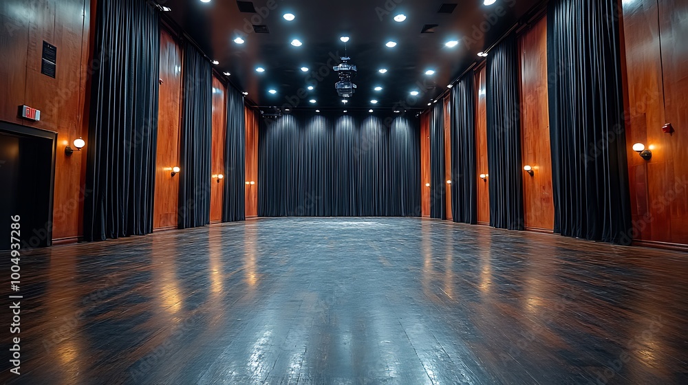 Poster empty stage with black curtains and bright ceiling lights, ready for a performance or event