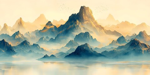 Fototapeta premium A breathtaking view of a mountain range at sunrise, with layers of fog creating a mystical atmosphere.