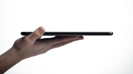 Modern Technology in Hand: Elegant Black Tablet Held with Precision against White Background