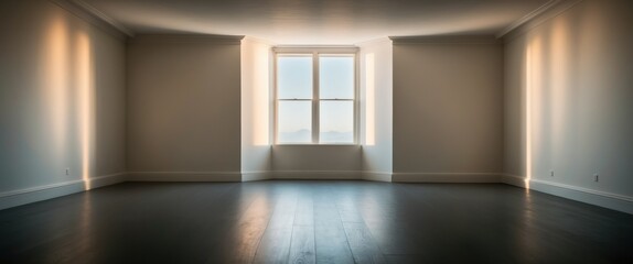 Empty room with large window allowing natural light, featuring minimalistic design and serene atmosphere, ideal for various interior concepts.