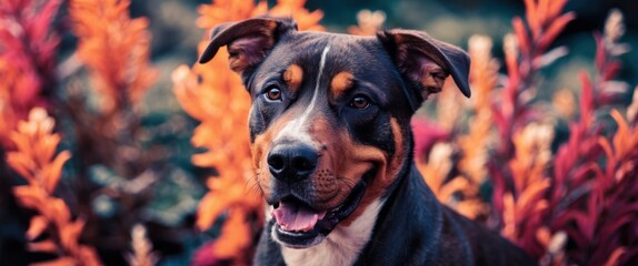 Obraz premium Portrait of a happy dog surrounded by colorful autumn foliage, emphasizing companionship and connection to nature.