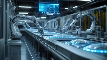 Fototapeta premium Rows of robotic arms testing food samples, holographic contamination detectors hovering above, sterile, high-tech factory, white walls, blue glowing interfaces, 3D render
