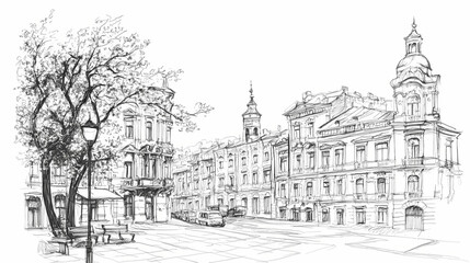 Hand drawn ink line sketch european town odessa, ukraine in outline style. ink drawing of cityscape. square. Ink Drawing. Illustration