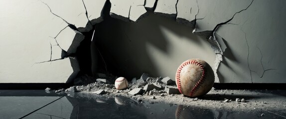 Conceptual image of cracked wall featuring baseballs, representing sports impact, damage, and the dynamic nature of play.