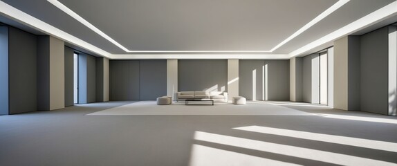 Fototapeta premium Modern minimalist living room featuring spacious design, natural light, and elegant furniture, ideal for showcasing contemporary architectural styles.
