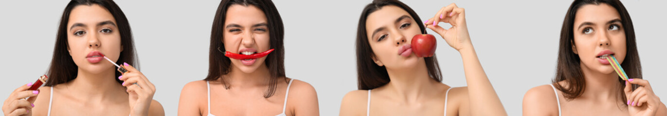 Collage of beautiful young woman with puffy lips on light background