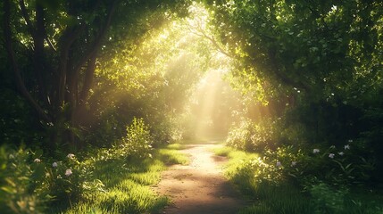 Fototapeta premium Breathtaking pathway with sunlight dancing through tree leaves image