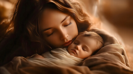 Portrait of Mary Holding Baby Jesus in Her Arms – Nativity of Jesus Christmas Concept
