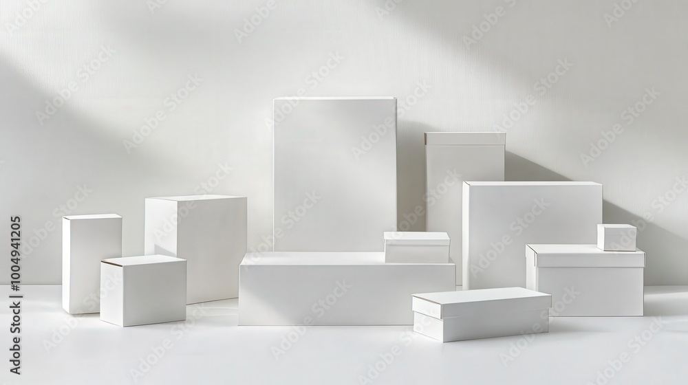 Poster elegant white empty carton boxes collection on white background with realistic details and minimalis