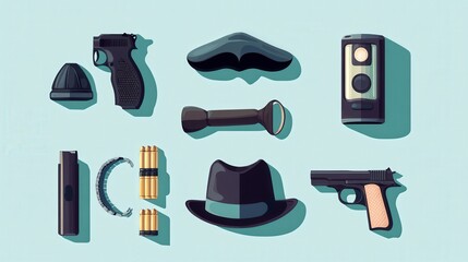Adventurous Cartoon Private Detective Tools Vector Set on Playful Pastel Background