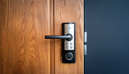 Doorway with digital locking on wood door. Digital door handle with wood oak door panel