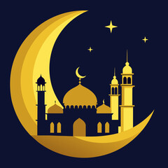 Stunning Vector Silhouette of Crescent Moon Above a Mosque