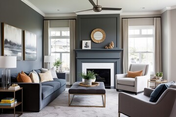 Fototapeta premium Modern Family Room Design with Grey Accent Walls and Cozy Seating Options