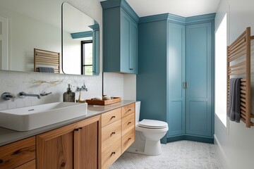 Scandinavian Bathroom Design Featuring Ice Blue Cabinet Quartz Sink and Natural Wood Vanity