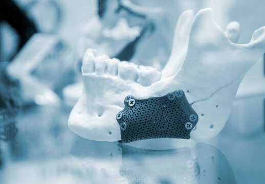 Prototype of lower human jaw with medical titanium implant from biocompatible titanium printed on 3D printer. Maxillo-facial prosthesis anatomical human bone from metal powder