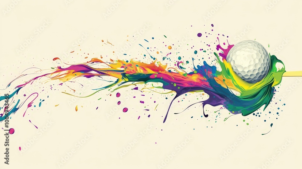 Poster dynamic golf graphics with vibrant multicolored splat design on pastel background