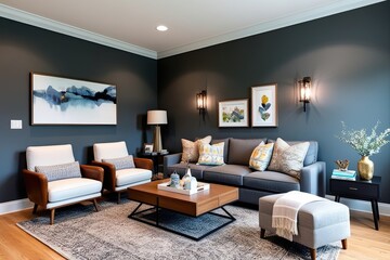 Fototapeta premium Modern Family Room Design Featuring Stylish Grey Accent Walls and Cozy Seating Solutions