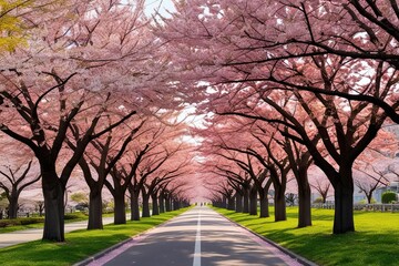 Obraz premium Cherry Blossom Lane Surrounded by Lush Trees and Soft Petals in a Stunning Spring Scene