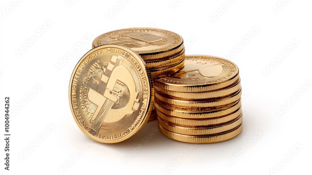 Poster golden bitcoin stack: a close-up view of a stack of shiny gold bitcoin coins, showcasing the cryptoc