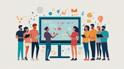 Modern Teamwork: Diverse Group Collaborating in Front of Electronic Monitor | Vibrant Vector Illustration in Soft Pastel Tones