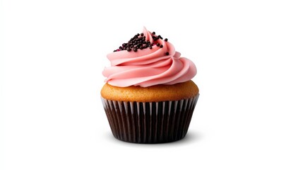 Pink Cupcake with Sprinkles: A delicate and delicious cupcake with a swirl of pink frosting and chocolate sprinkles. It's a perfect image for bakery websites, social media, and food blogs. 