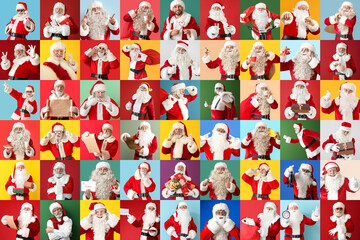 Big collage with many Santa Clauses on color background