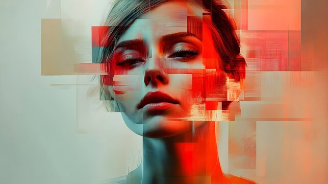 A woman's face breaking into abstract geometric shapes, conveying the emotional isolation of dementia, muted tones and gentle gradients, sense of fragility