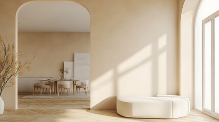  Beige home living room interior with rest and dining zone, window. Mockup wall 