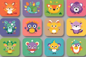 Vibrant Cartoon Icon Collection for Kids Showcasing Whimsical Animals and Lively Characters