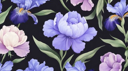 Seamless pattern of purple and white peonies and irises on a black background.
