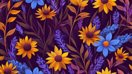 Seamless pattern of yellow and blue flowers on a purple background.