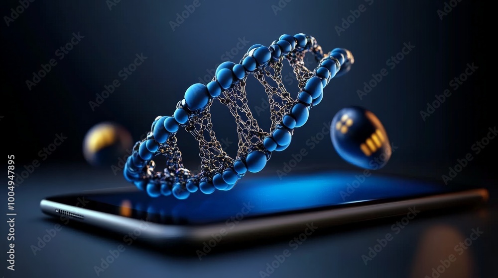Poster dna on smartphone: a futuristic depiction of a dna double helix floating above a smartphone screen. 