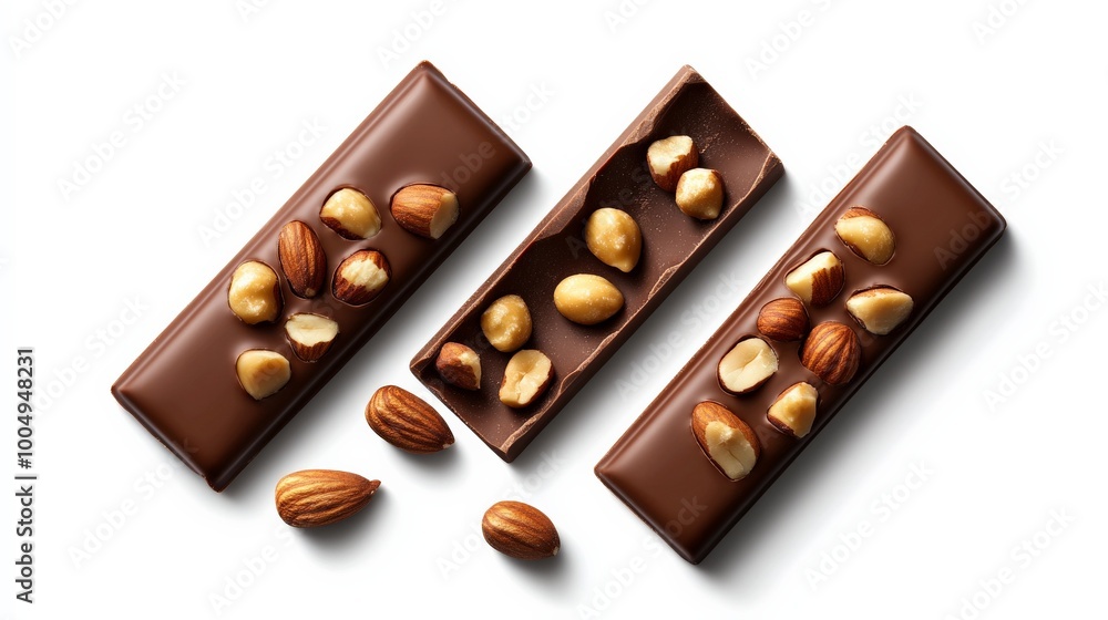 Poster chocolate bar with almonds and hazelnuts: three chocolate bars, one broken open to reveal the delici