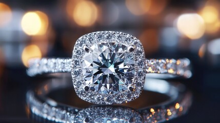 Fototapeta premium A sparkling diamond ring with a halo setting. This image is perfect for showcasing luxury jewelry or celebrating special occasions.
