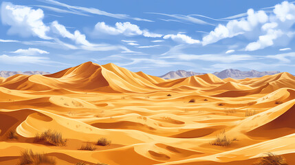 Fototapeta premium Panoramic view of sand dunes in sahara desert, morocco. sahara desert. illustration. Sand Dunes. Illustration