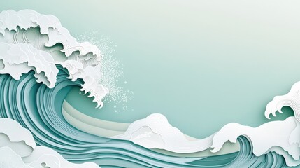 Elegant Japanese Sea Wave Vector Background with Modern Luxury Oriental Design on Mint Green Pastel - Ideal for Decor and Banners