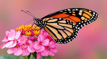 Naklejka premium Monarch Butterfly on Pink Flower Close Up Macro Photography Nature Insect Pollination