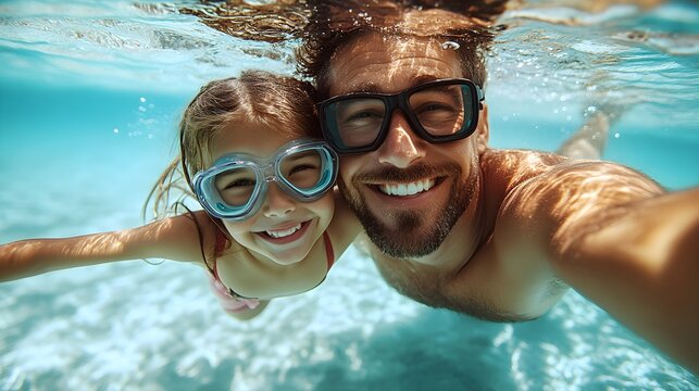 Underwater shot of dad teaching daughter to swim, both in goggles, joyful expressions, clear blue pool water, summer holiday family bonding moment