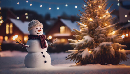 Obraz premium Snowman, Winter Wonderland, Snow, Christmas, Christmas Decoration, Landscape Scenery, Village, Nature Ambience, Outdoor, Night, Wallpaper, Screensaver, Background