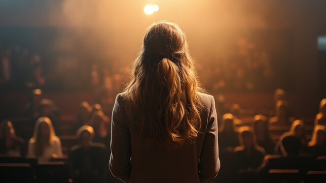 Woman speaker on stage, facing audience. Perfect for business, conference, or motivational themes.